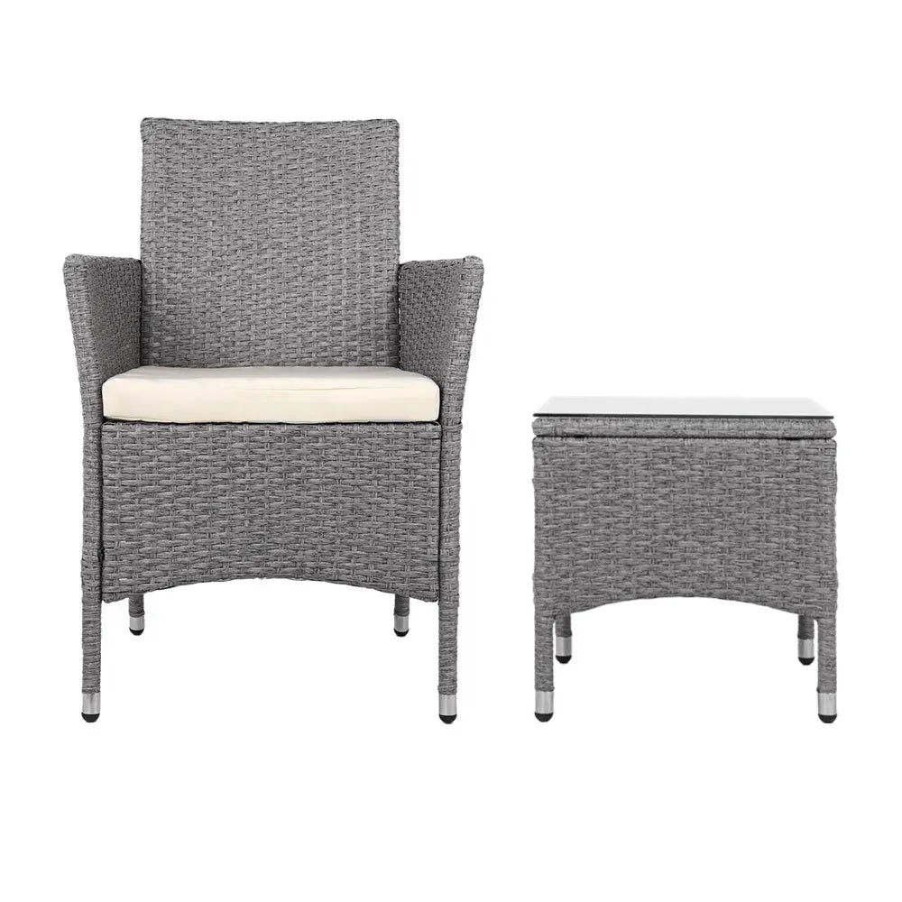 3 Piece Wicker Outdoor Chair Side Table Furniture Set - Grey Deals499