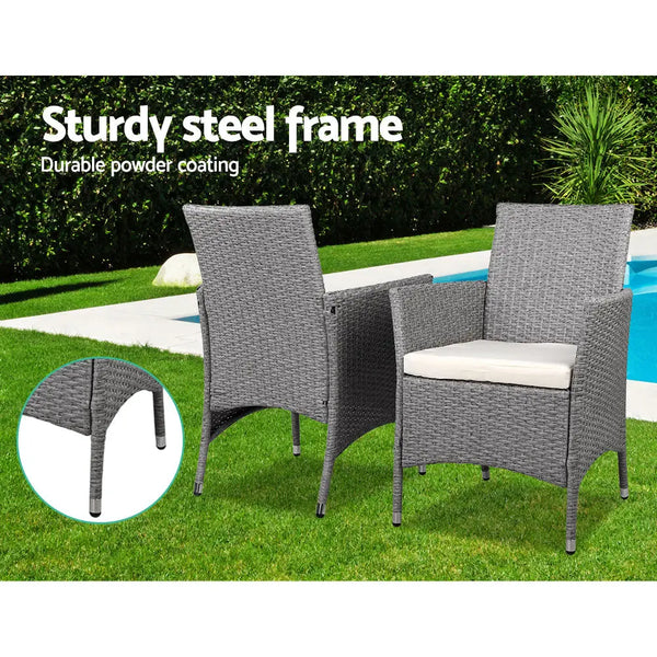 3 Piece Wicker Outdoor Chair Side Table Furniture Set - Grey Deals499
