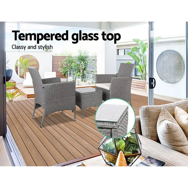 3 Piece Wicker Outdoor Chair Side Table Furniture Set - Grey Deals499