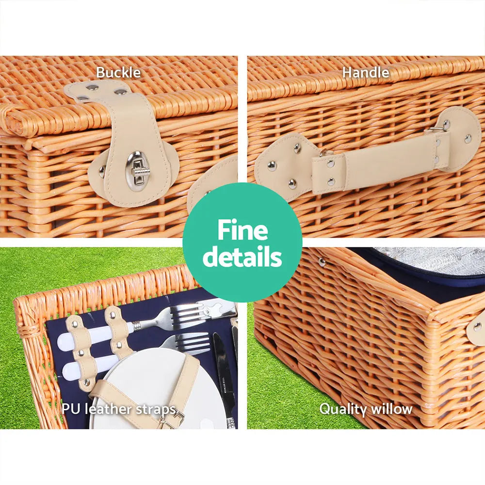 Alfresco 4 Person Picnic Basket Wicker Set Baskets Outdoor Insulated Blanket Navy Deals499
