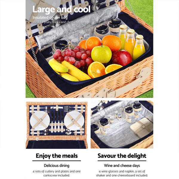 Alfresco 4 Person Picnic Basket Wicker Set Baskets Outdoor Insulated Blanket Navy Deals499