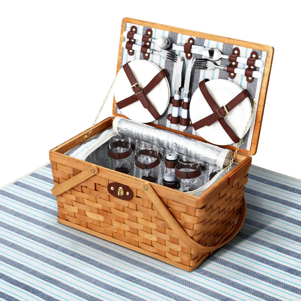 Alfresco Picnic Basket Set Wooden Cooler Bag 4 Person Outdoor Insulated Liquor Deals499