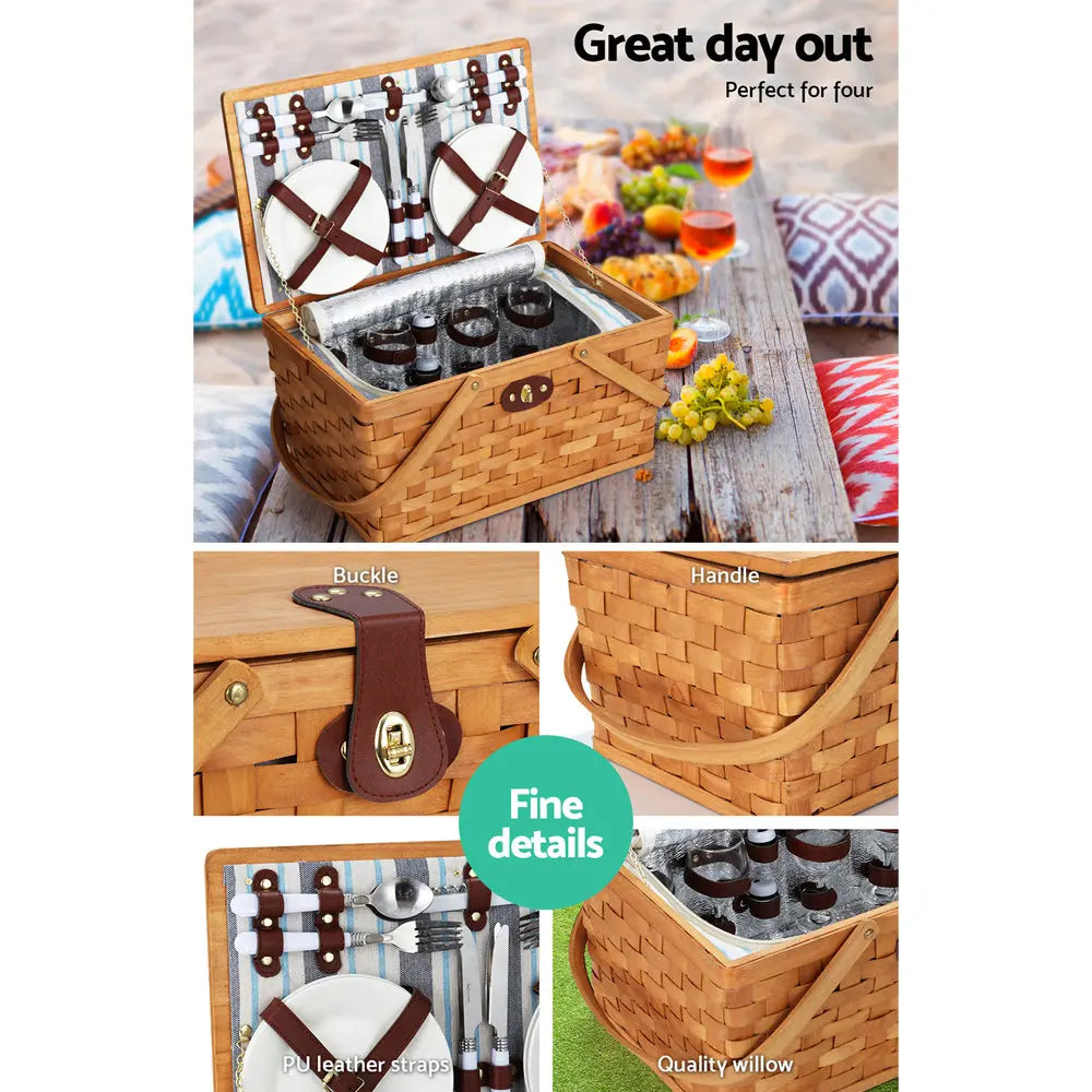 Alfresco Picnic Basket Set Wooden Cooler Bag 4 Person Outdoor Insulated Liquor Deals499