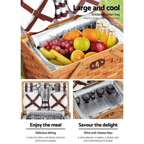 Alfresco Picnic Basket Set Wooden Cooler Bag 4 Person Outdoor Insulated Liquor Deals499