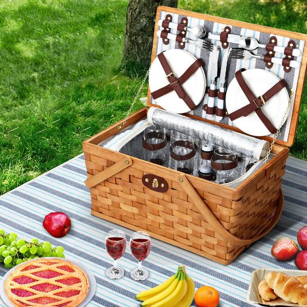 Alfresco Picnic Basket Set Wooden Cooler Bag 4 Person Outdoor Insulated Liquor Deals499