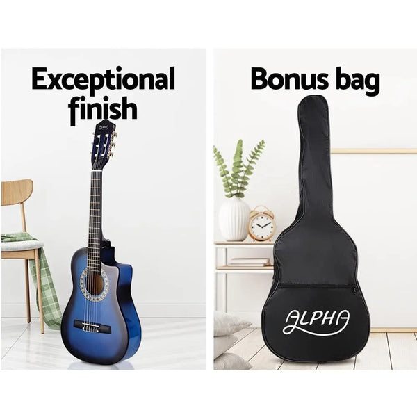 Alpha 34" Inch Guitar Classical Acoustic Cutaway Wooden Ideal Kids Gift Children 1/2 Size Blue with Capo Tuner Deals499