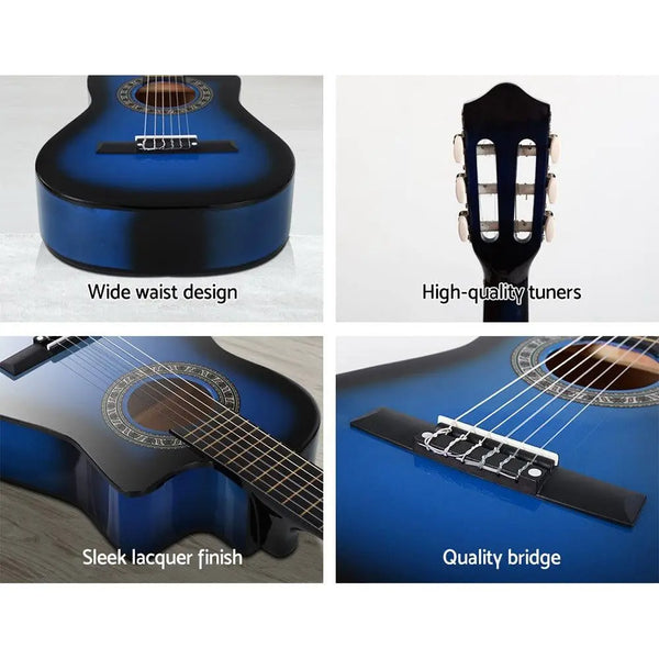 Alpha 34" Inch Guitar Classical Acoustic Cutaway Wooden Ideal Kids Gift Children 1/2 Size Blue with Capo Tuner Deals499