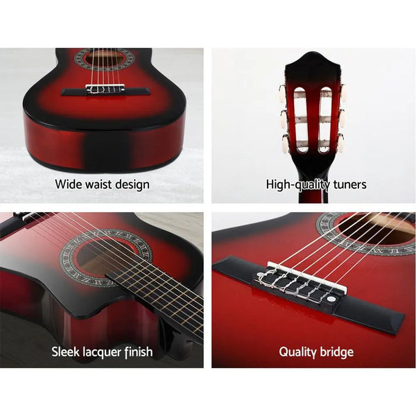 Alpha 34" Inch Guitar Classical Acoustic Cutaway Wooden Ideal Kids Gift Children 1/2 Size Red with Capo Tuner Deals499