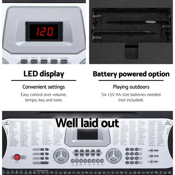 Alpha 61 Keys Electronic Piano Keyboard LED Electric Silver with Music Stand for Beginner Deals499