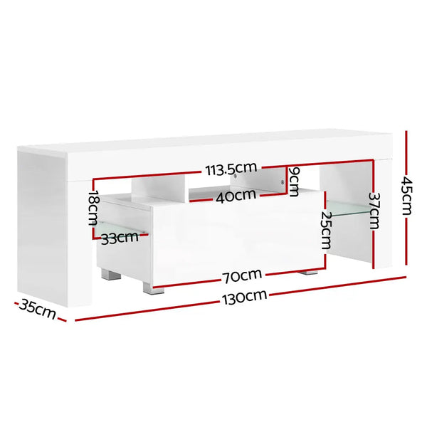 Artiss 130cm RGB LED TV Stand Cabinet Entertainment Unit Gloss Furniture Drawer Tempered Glass Shelf White Deals499