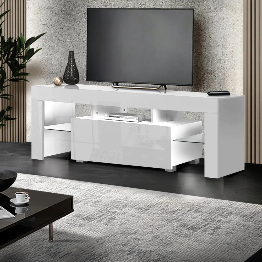 Artiss 130cm RGB LED TV Stand Cabinet Entertainment Unit Gloss Furniture Drawer Tempered Glass Shelf White Deals499