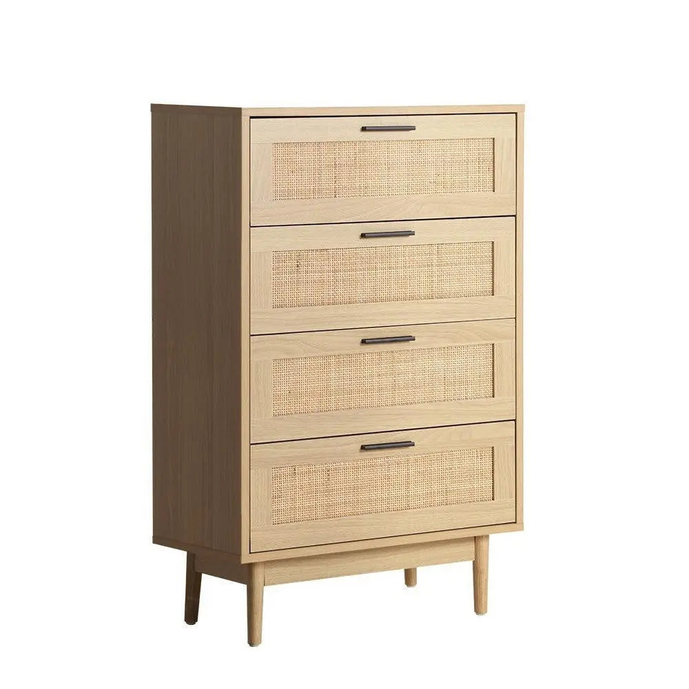 Artiss 4 Chest of Drawers Rattan Tallboy Cabinet Bedroom Clothes Storage Wood Deals499