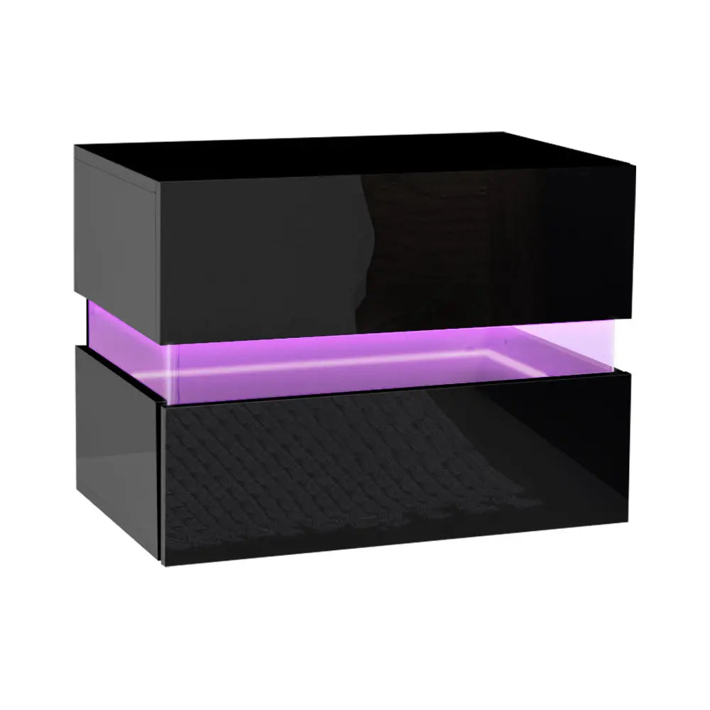 Artiss Bedside Table 2 Drawers RGB LED Side Nightstand High Gloss Cabinet Black Deals499
