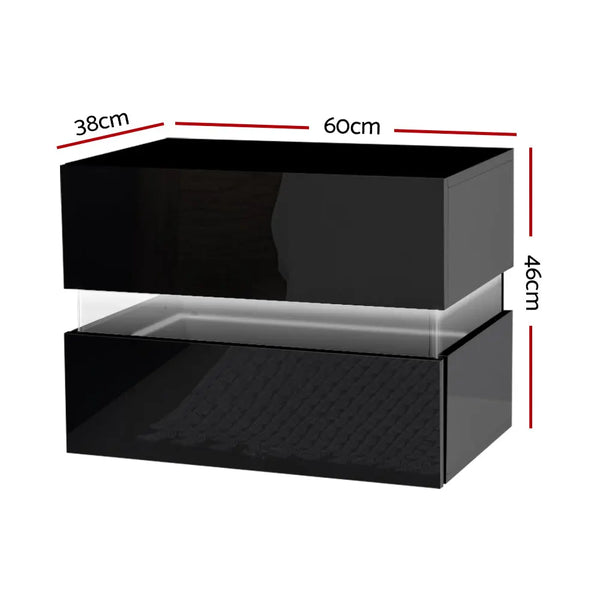 Artiss Bedside Table 2 Drawers RGB LED Side Nightstand High Gloss Cabinet Black Deals499