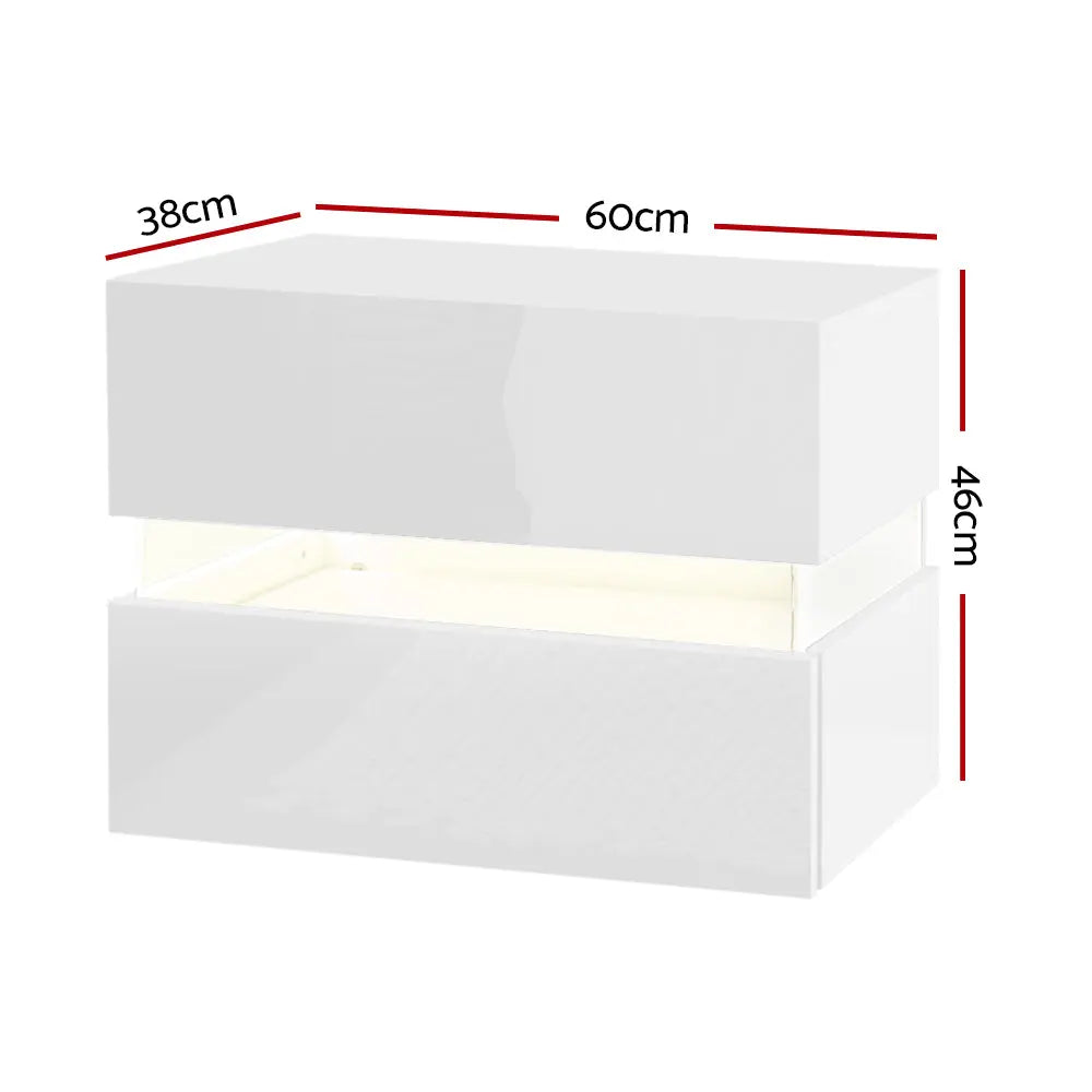 Artiss Bedside Table 2 Drawers RGB LED Side Nightstand High Gloss Cabinet White Deals499