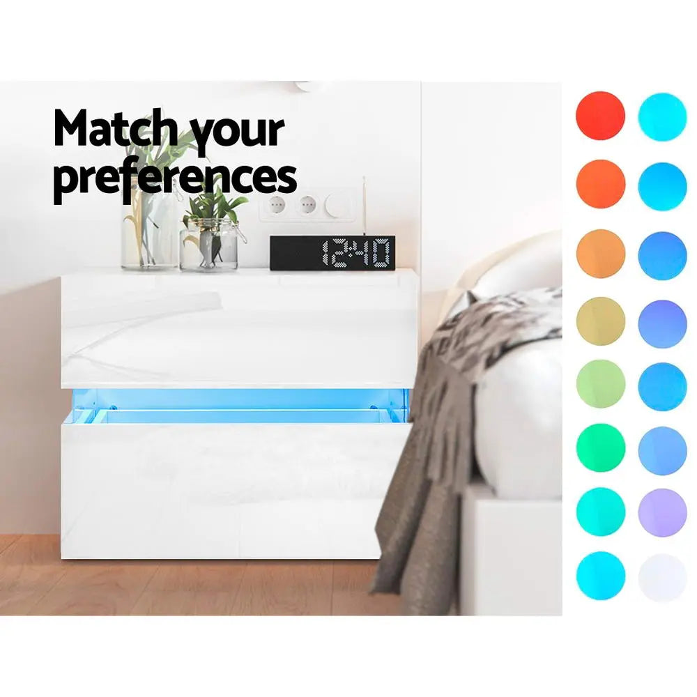 Artiss Bedside Table 2 Drawers RGB LED Side Nightstand High Gloss Cabinet White Deals499