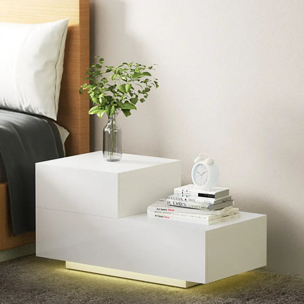 Artiss Bedside Tables 2 Drawers Side Table RGB LED High Gloss Nightstand White Deals499