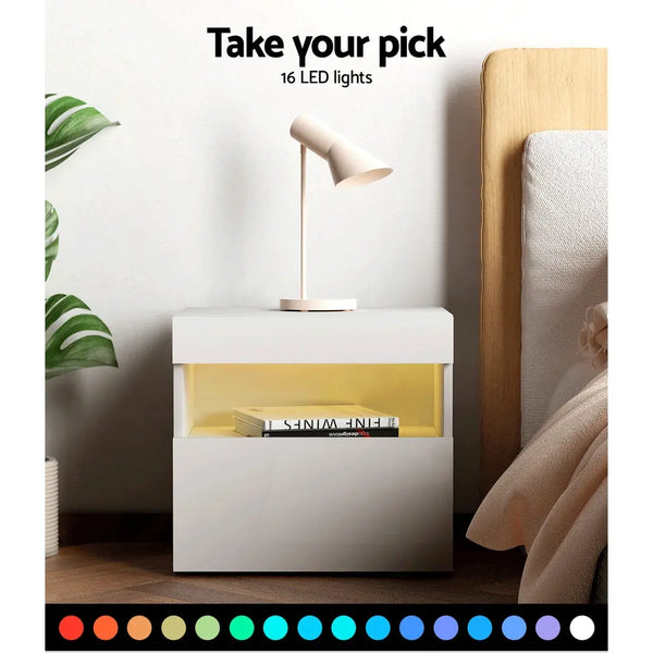 Artiss Bedside Tables Drawers Side Table RGB LED High Gloss Nightstand White Deals499