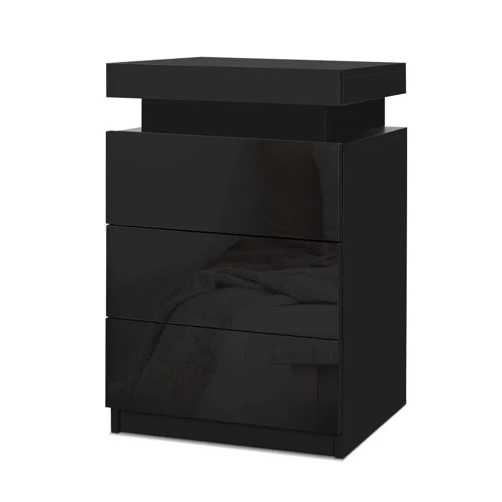 Artiss Bedside Tables Side Table 3 Drawers RGB LED High Gloss Nightstand Black Deals499