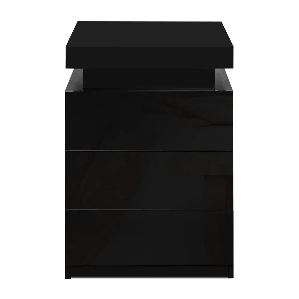 Artiss Bedside Tables Side Table 3 Drawers RGB LED High Gloss Nightstand Black Deals499