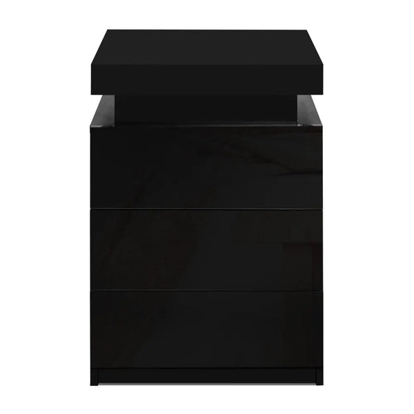 Artiss Bedside Tables Side Table 3 Drawers RGB LED High Gloss Nightstand Black Deals499