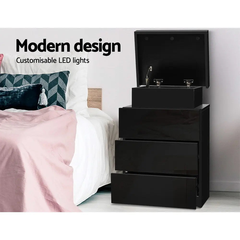 Artiss Bedside Tables Side Table 3 Drawers RGB LED High Gloss Nightstand Black Deals499