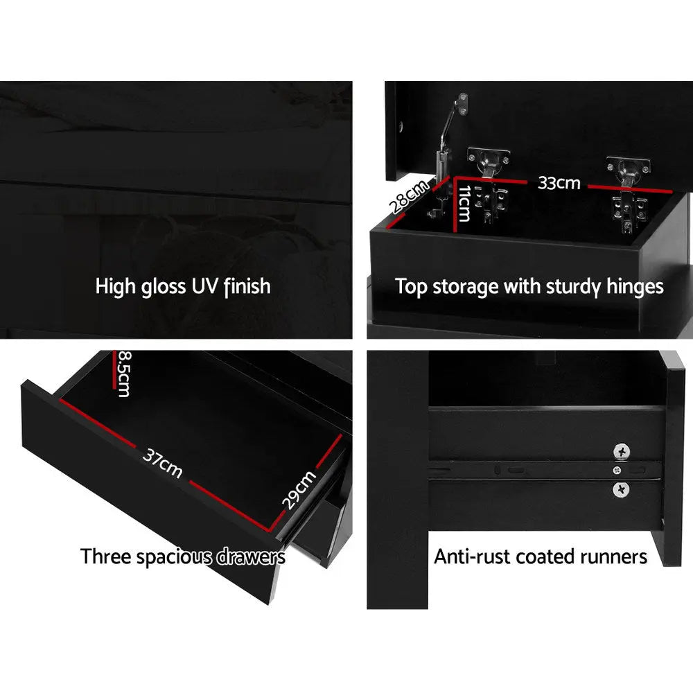 Artiss Bedside Tables Side Table 3 Drawers RGB LED High Gloss Nightstand Black Deals499