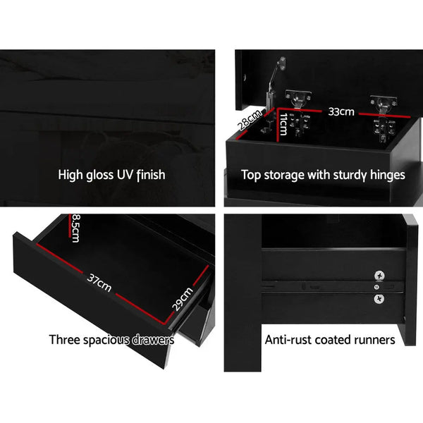 Artiss Bedside Tables Side Table 3 Drawers RGB LED High Gloss Nightstand Black Deals499
