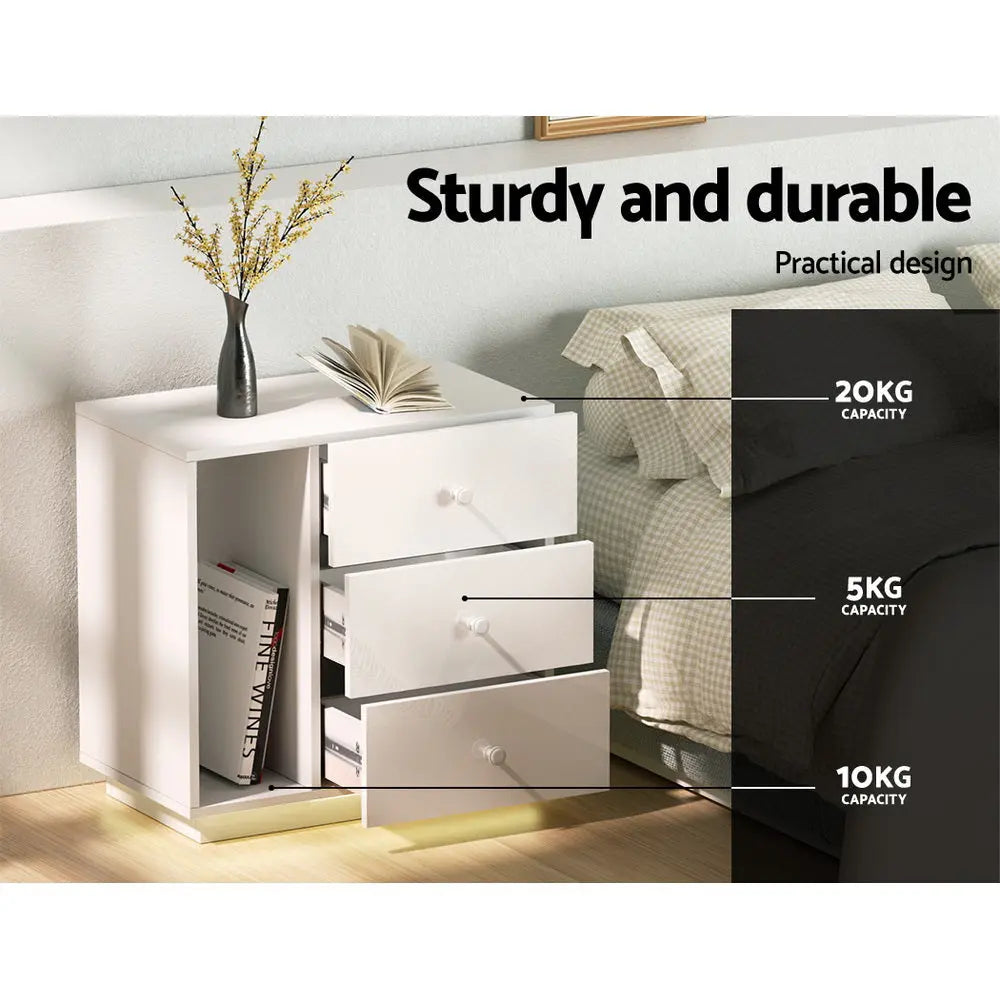 Artiss Bedside Tables Side Table RGB LED 3 Drawers Nightstand High Gloss White Deals499