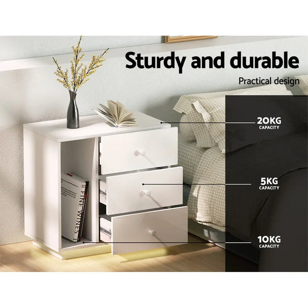 Artiss Bedside Tables Side Table RGB LED 3 Drawers Nightstand High Gloss White Deals499