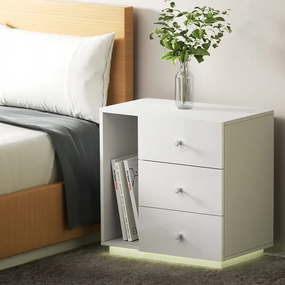 Artiss Bedside Tables Side Table RGB LED 3 Drawers Nightstand High Gloss White Deals499