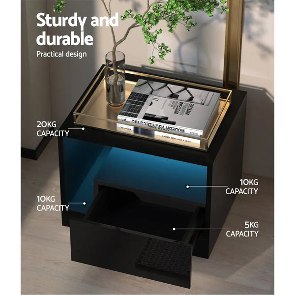 Artiss Bedside Tables Side Table RGB LED Drawers High Gloss Nightstand Black Deals499