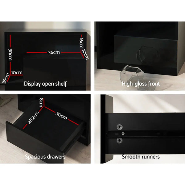 Artiss Bedside Tables Side Table RGB LED Drawers High Gloss Nightstand Black Deals499