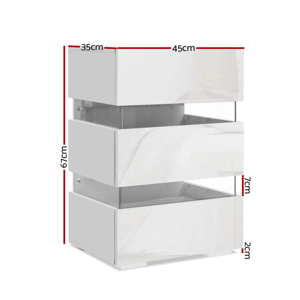 Artiss Bedside Tables Side Table RGB LED Lamp 3 Drawers Nightstand Gloss White Deals499