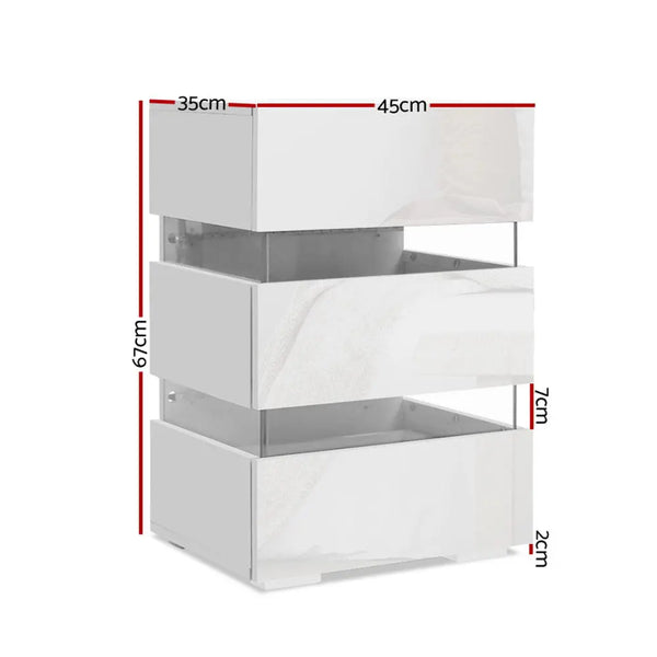 Artiss Bedside Tables Side Table RGB LED Lamp 3 Drawers Nightstand Gloss White Deals499