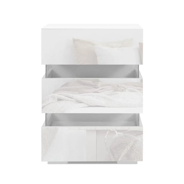 Artiss Bedside Tables Side Table RGB LED Lamp 3 Drawers Nightstand Gloss White Deals499