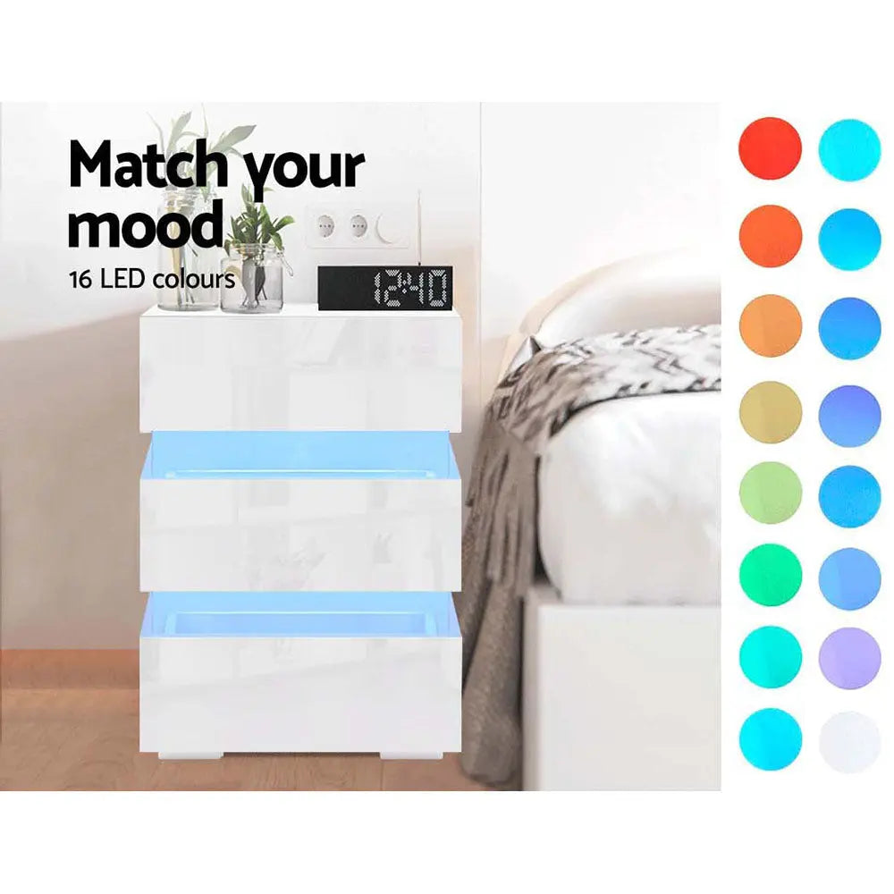 Artiss Bedside Tables Side Table RGB LED Lamp 3 Drawers Nightstand Gloss White Deals499