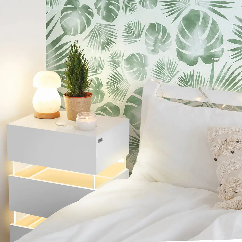 Artiss Bedside Tables Side Table RGB LED Lamp 3 Drawers Nightstand Gloss White Deals499