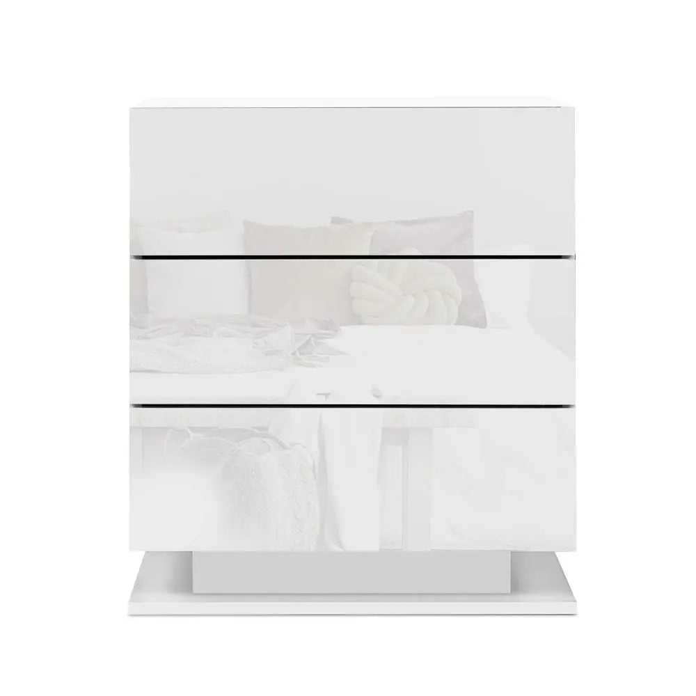 Artiss Bedside Tables Side Table RGB LED Lamp 3 Drawers Nightstand Gloss White Deals499