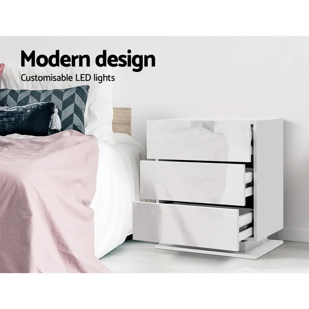 Artiss Bedside Tables Side Table RGB LED Lamp 3 Drawers Nightstand Gloss White Deals499