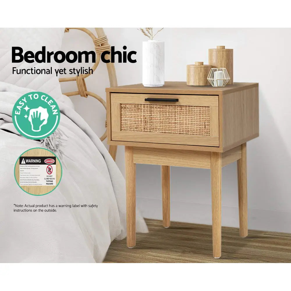 Artiss Bedside Tables Table 1 Drawer Storage Cabinet Rattan Wood Nightstand Deals499