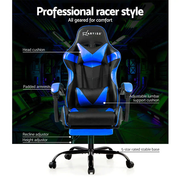 Artiss Gaming Office Chairs Computer Seating Racing Recliner Footrest Black Blue Deals499