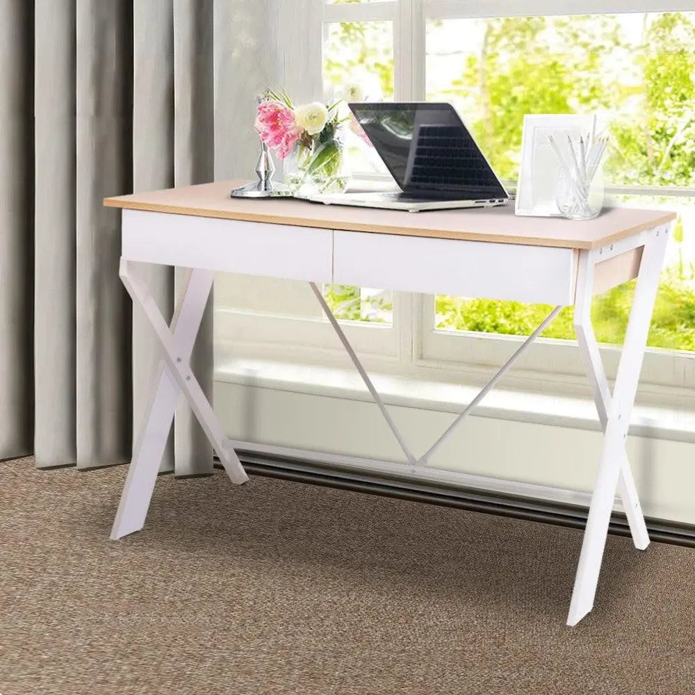 Artiss Metal Desk with Drawer - White with Oak Top Deals499