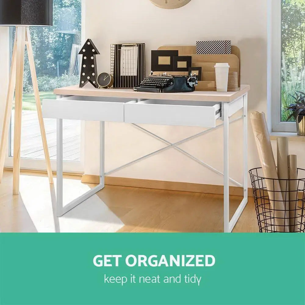 Artiss Metal Desk with Drawer - White with Wooden Top Deals499