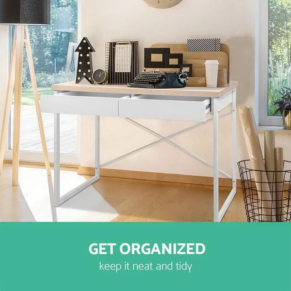 Artiss Metal Desk with Drawer - White with Wooden Top Deals499