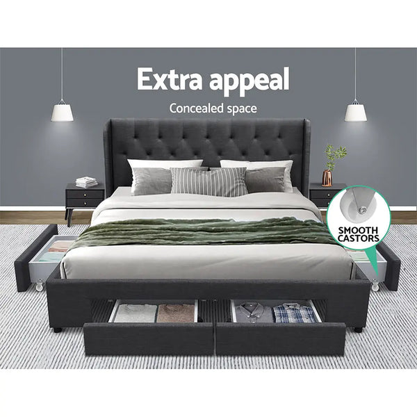 Artiss Mila Bed Frame Storage Drawers Fabric - Charcoal King Deals499