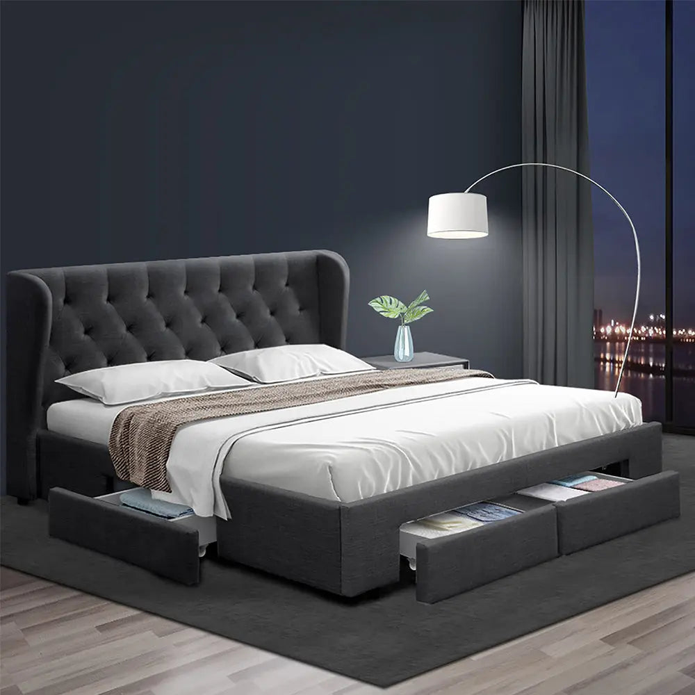 Artiss Mila Bed Frame Storage Drawers Fabric - Charcoal King Deals499