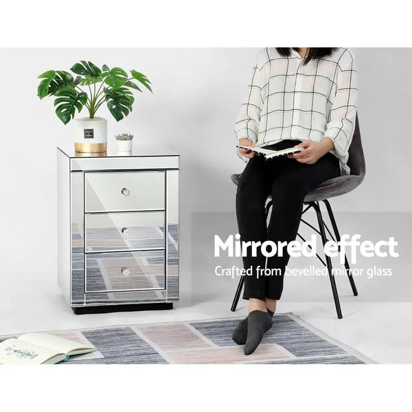 Artiss Mirrored Bedside Table Drawers Furniture Mirror Glass Presia Silver Deals499