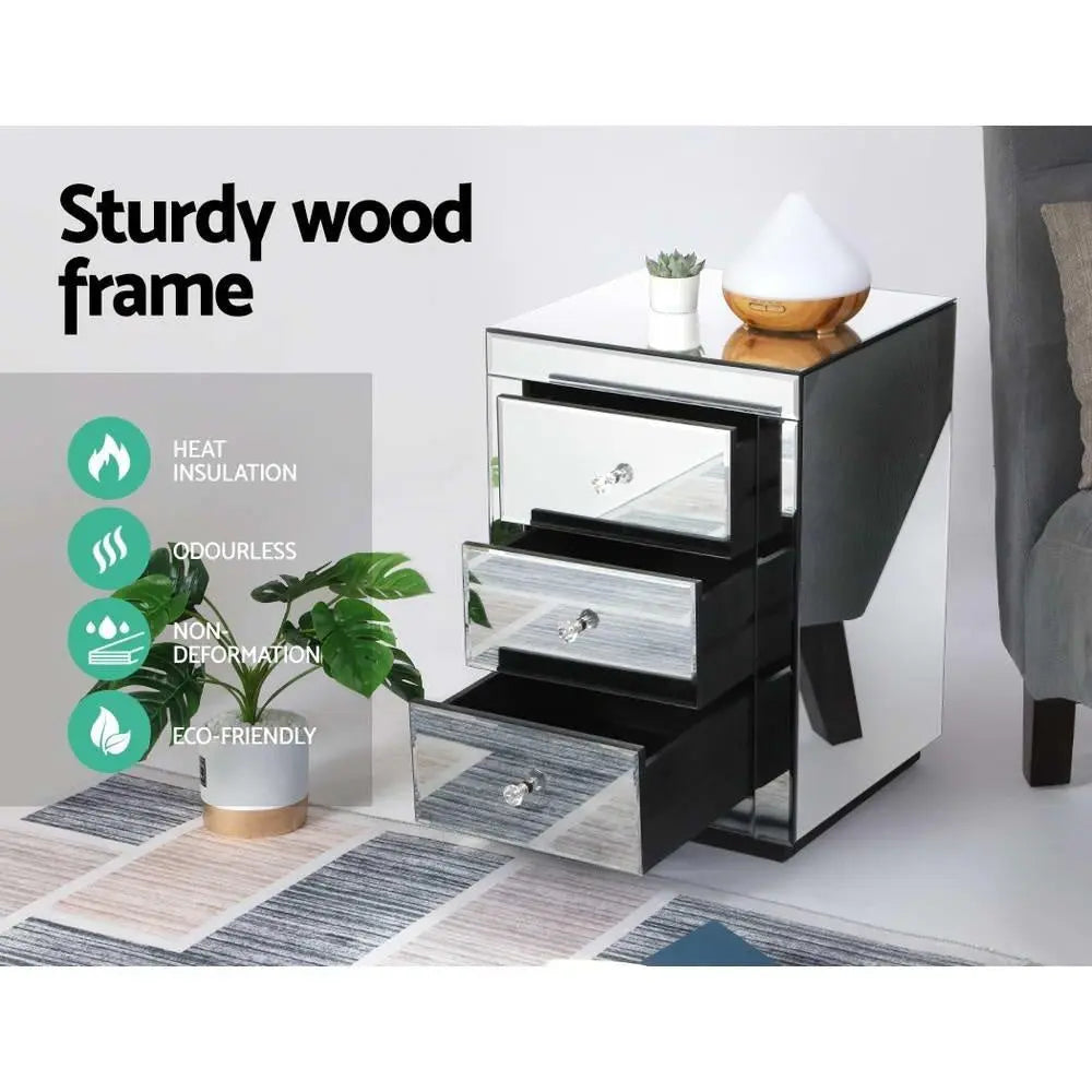 Artiss Mirrored Bedside Table Drawers Furniture Mirror Glass Presia Silver Deals499
