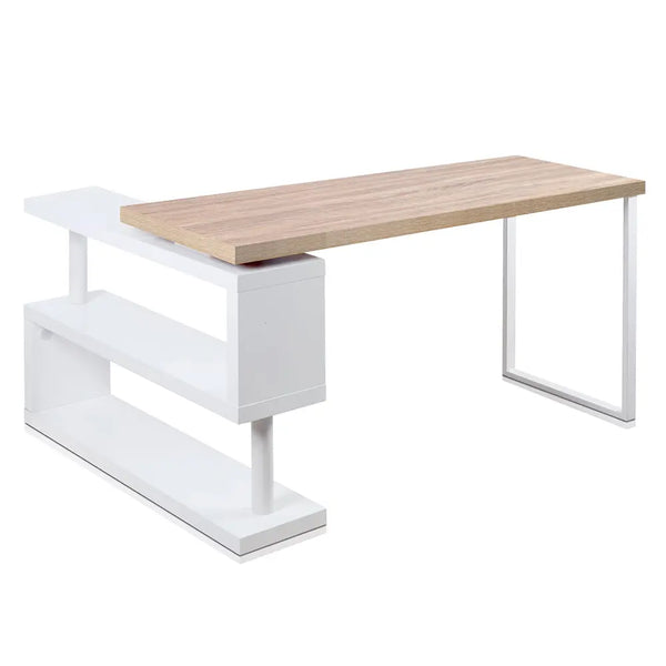 Artiss Rotary Corner Desk with Bookshelf - Brown & White Deals499